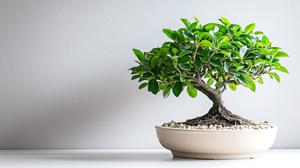 Fototapeta premium Vibrant Green Bonsai Tree in Creamy Pot