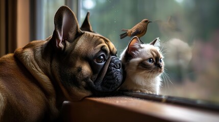 Obraz premium Dogs and cats look out window at birds