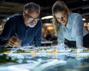 Elevate Your Strategy Modern business training session showcasing an augmented reality interface that displays real-time economic changes Witness collaborative learning as professionals analyze