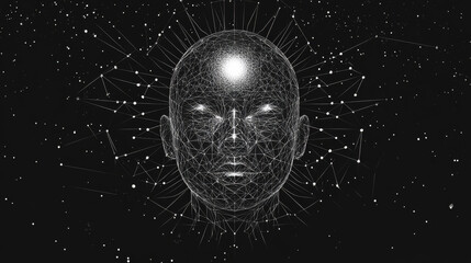 Face recognition low poly wireframe banner vector template. Futuristic computer technology, smart identification system poster polygonal design. Facial scan 3d mesh art with connected dots
