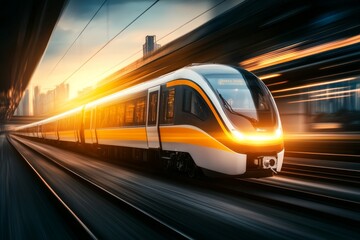 Fototapeta premium An electric train moving through a countryside landscape, emphasizing efficient and low-emission travel