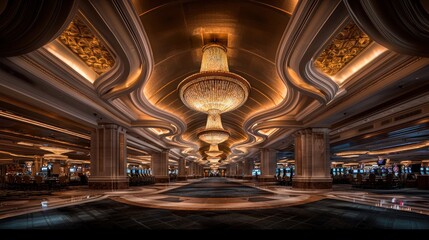 Obraz premium Luxurious casino hallway with ornate chandeliers