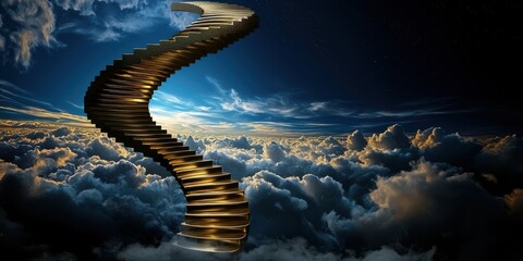 Obraz premium Ascending Staircase to the Heavens: Journey Above the Clouds, Paradise, Success Concept.