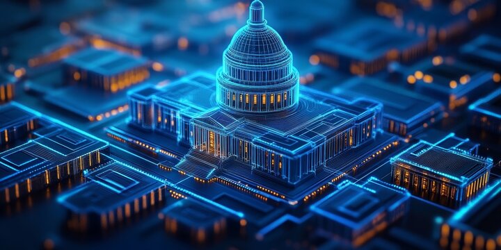 a digital rendering of a building, a futuristic representation of a government building, the architecture is highlighted with glowing lines.