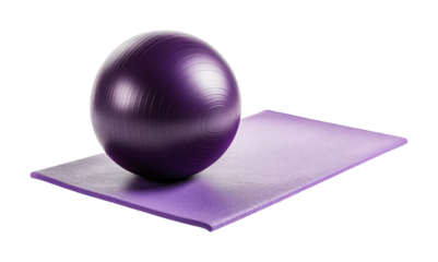 Purple exercise ball on yoga mat for fitness and balance training, cut out