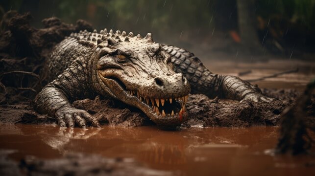 A large crocodile sitting on muddy ground in a natural outdoor area