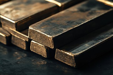 Golden bars rest in a closeup view, showcasing their smooth, reflective surfaces and sturdy shapes, A close-up view over a stack of unmarked and unbranded solid gold bullion bars gleaming in the