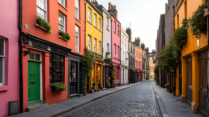 Fototapeta premium Colorful Row Of Buildings Along A Cobblestone Street With Varying Hues And Greenery Under Bright Daylight