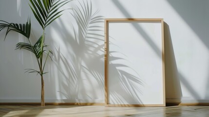 A minimalist and modern empty picture frame with a white background on the floor beside a palm plant