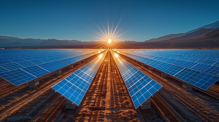 Vast Solar Panel Farm in the Desert with Stunning Sunrise and Renewable Energy Focus