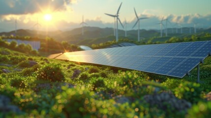 Solar Panels and Wind Turbines in a Lush Green Landscape at Sunrise for Renewable Energy