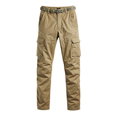 A pair of rugged tan safari cargo trousers with deep pockets and sturdy stitching Ideal for outdoor adventures and travel