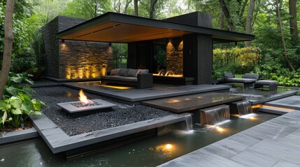 A modern outdoor space with a sunken seating area, fire pit, and beautiful water feature in a clean and minimalistic setting