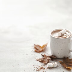 Autumnal Hot Chocolate Scene with Marshmallows and Fallen Leaves