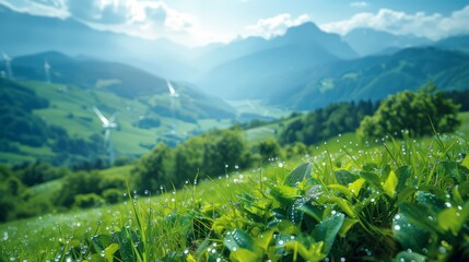 Lush Green Valley with Rolling Hills, Wild Grass, and Wind Turbines in the Distance