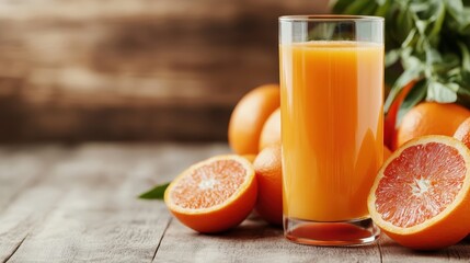 A glass of freshly squeezed orange juice sits next to vibrant, halved oranges on a rustic wooden table, showcasing freshness and vitality in a natural setting.