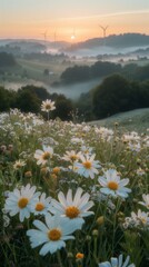 Scenic Rural Landscape with Daisies and Renewable Energy Windmills in Morning Mist