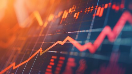 Fototapeta premium Close-up of a downward arrow graph on a digital screen with financial charts, symbolizing an earnings miss, financial decline, and market analysis concepts.