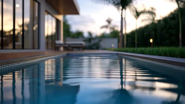 Modern house with pool at sunset