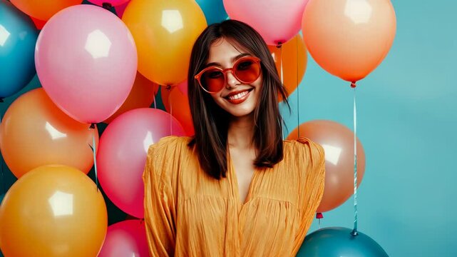 Cheerful woman with colorful balloons in bright, playful setting