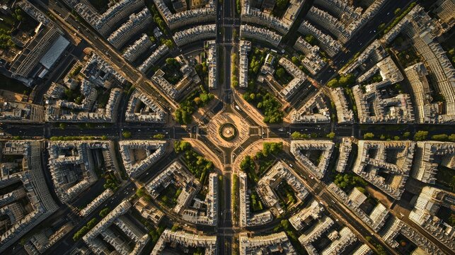 Urban tapestry, aerial perspective of Parisian district with radial design