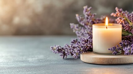 A warm-lit lavender candle beautifully placed on a wooden surface, harmonizing with fresh lavender sprigs, ideal for evoking feelings of home and nature in any space.