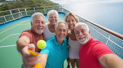 AI generator image of Group photo of friends exercising, seniors, athletes, tennis players on a competition court, land court, sports field and a large cruise ship court.