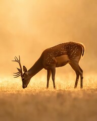 Naklejka premium Fawn grazing peacefully in golden sunset, graceful deer with antlers in a field illuminated by warm light.