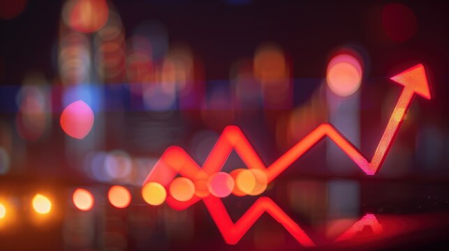 Close-up of a downward arrow graph on a digital screen with financial charts, symbolizing an earnings miss, financial decline, and market analysis concepts.