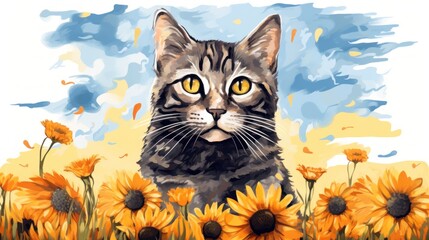 Obraz premium A Serene Feline Amidst a Vibrant Field of Sunflowers