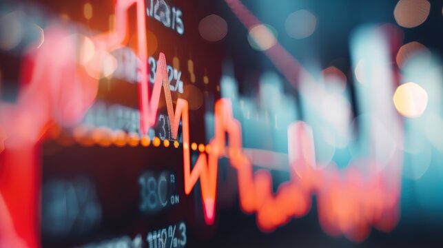 Close-up of a downward arrow graph on a digital screen with financial charts, symbolizing an earnings miss, financial decline, and market analysis concepts.