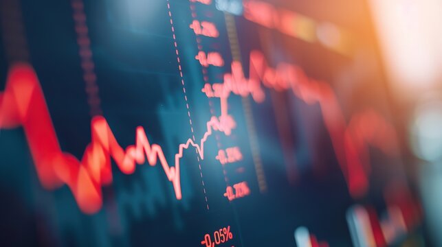 Close-up of a downward arrow graph on a digital screen with financial charts, symbolizing an earnings miss, financial decline, and market analysis concepts.