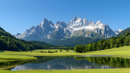 Fototapeta premium Majestic Mountain Range Reflecting In Calm Lake Under Clear Blue Sky With Green Valley In Daylight