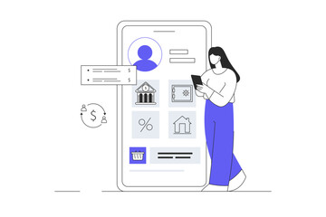Mobile banking concept. Woman Character with financial account, banking services in smartphone app. Personal finances management. Flat Cartoon Vector Illustration, icon. Stylish abstract design web