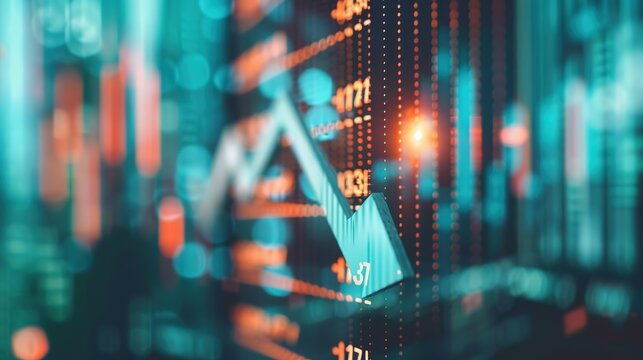 Close-up of a downward arrow graph on a digital screen with financial charts, symbolizing an earnings miss, financial decline, and market analysis concepts.