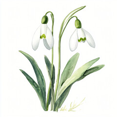 Obraz premium Watercolor hand-painted Snowdrop branch with leaves painting illustration isolated on a white background, illustration, AI painting design, AI
