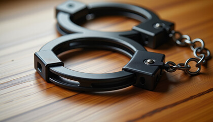Close-up of black steel handcuffs on polished wooden table, symbolizing restraint and consequence for legal blogs, crime awareness, and educational presentations