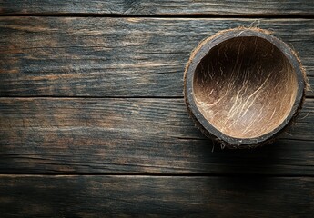 Fototapeta premium Rustic coconut shell bowl placed on aged wooden table surface with natural grain texture and warm tones, ideal for organic and eco-friendly concepts
