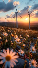 Blooming Wildflower Meadow at Sunrise with Wind Turbines in the Background