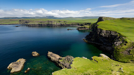 Obraz premium Aerial View of Rocky Coastal Landscape with Green Vegetation and Blue Ocean Water Under Bright Sunlight