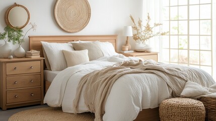 A cozy bedroom with neutral tones and natural decorations is displayed