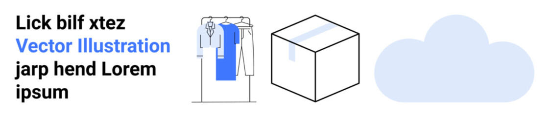 Clothing on rack, cubic box, and cloud icon arranged horizontally with placeholder text. Ideal for online shopping, fashion, logistics, technology, storage cloud computing concepts. Landing page