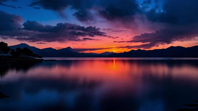 A breathtaking sunset over a tranquil lake, with vibrant colors reflecting on the water and silhouettes of mountains in the background.