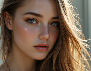 Obraz premium A hyper-realistic portrait of a woman with long, flowing hair, standing in soft natural light.