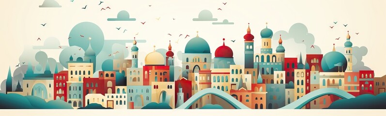 A Vibrant Cityscape with a Mix of Architectural Styles and Colorful Domes