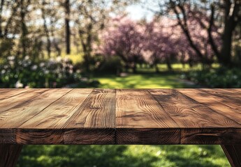 Naklejka premium Rustic Wooden Table in a Serene Garden Setting with Blossoming Trees and Lush Greenery in Soft Focus Background