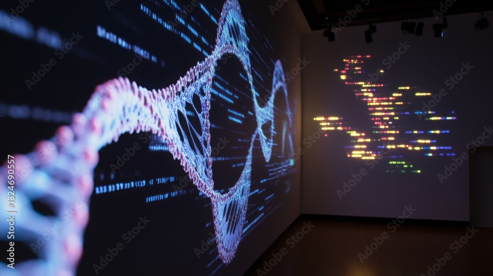 Aufkleber Digital graphics illustrate the intersection of artificial intelligence and bioinformatics on a large display.