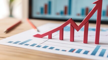 Close-up of a downward arrow graph on a digital screen with financial charts, symbolizing an earnings miss, financial decline, and market analysis concepts.