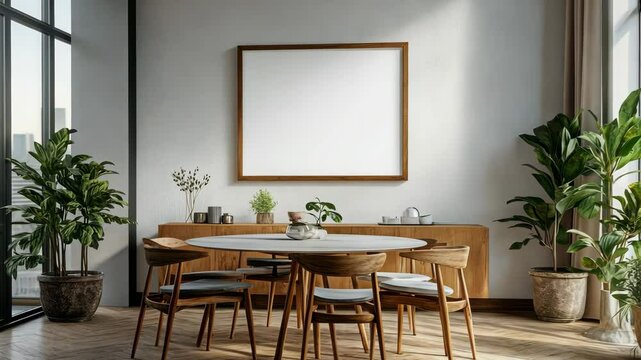 Sunlit modern dining room with wooden furniture and indoor plants