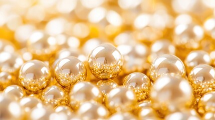 Close-up of shiny golden pearls on a textured surface.